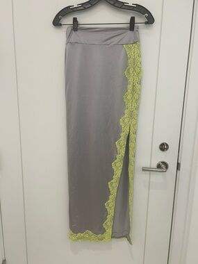 Skims Swim Gray Maxi Skirt with Neon Yellow Lace Trim S